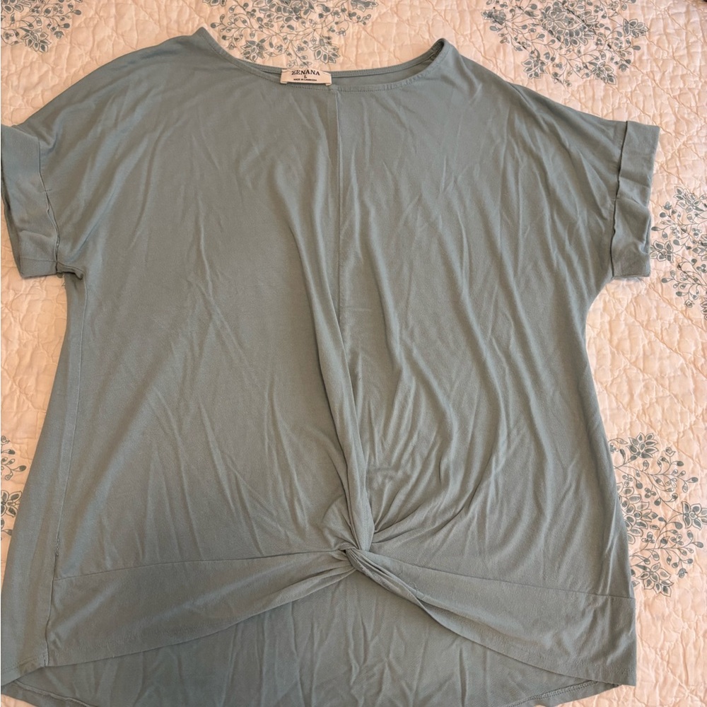 Zenana Outfitters Blue Relaxed Tie Front Short Sleeve Tee